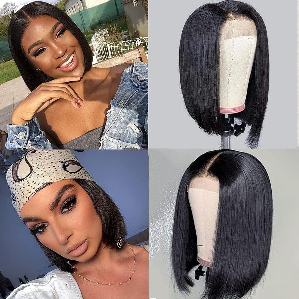 imagePORSMEER Perruque Naturelle Lace Frontal Courte Bob Noir Perruque bresilienne Cheveux 10 Pouces pour les femmes noires Lace Wignoir
