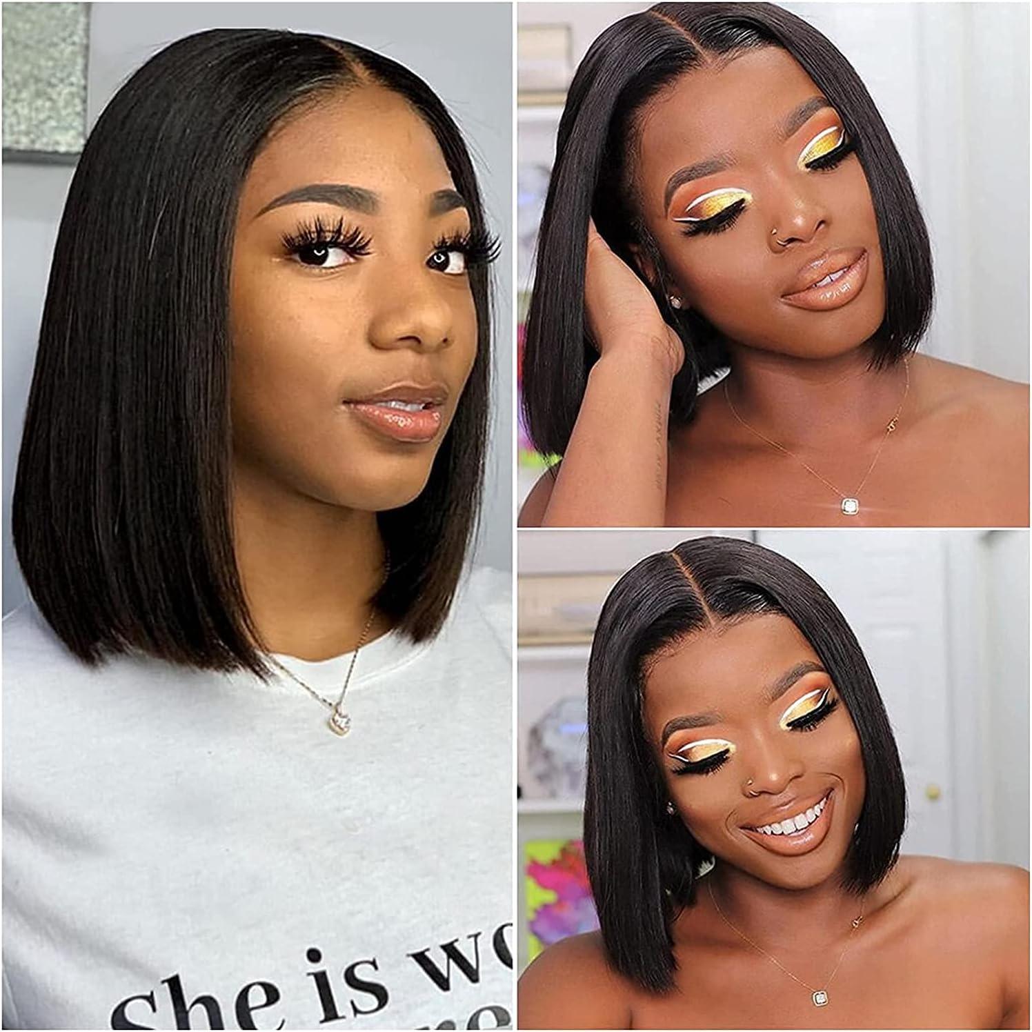 imagePORSMEER Perruque Naturelle Lace Frontal Courte Bob Noir Perruque bresilienne Cheveux 10 Pouces pour les femmes noires Lace Wignoir