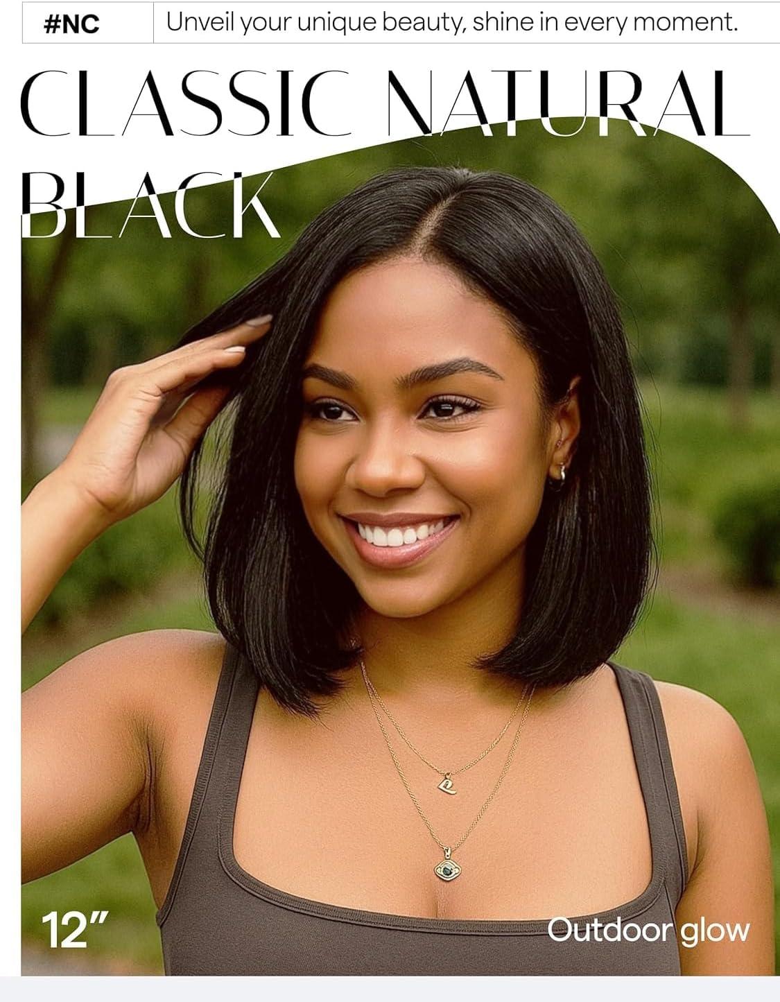 imagePORSMEER Perruque Naturelle Lace Frontal Courte Bob Noir Perruque bresilienne Cheveux 10 Pouces pour les femmes noires Lace Wignoir
