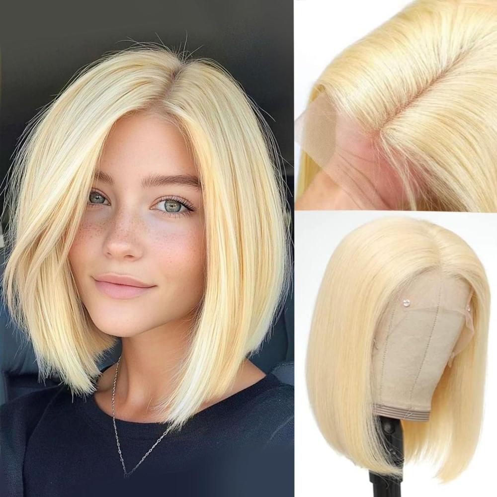 imagePORSMEER Perruque Naturelle Lace Frontal Courte Bob Noir Perruque bresilienne Cheveux 10 Pouces pour les femmes noires Lace WigBlond
