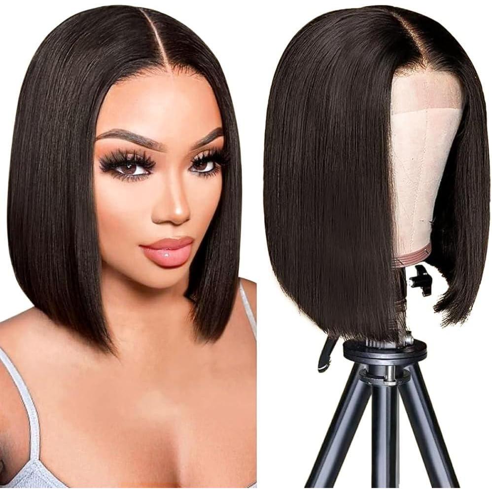 imagePORSMEER Perruque Naturelle Lace Frontal Courte Bob Noir Perruque bresilienne Cheveux 10 Pouces pour les femmes noires Lace Wigmarron fonc