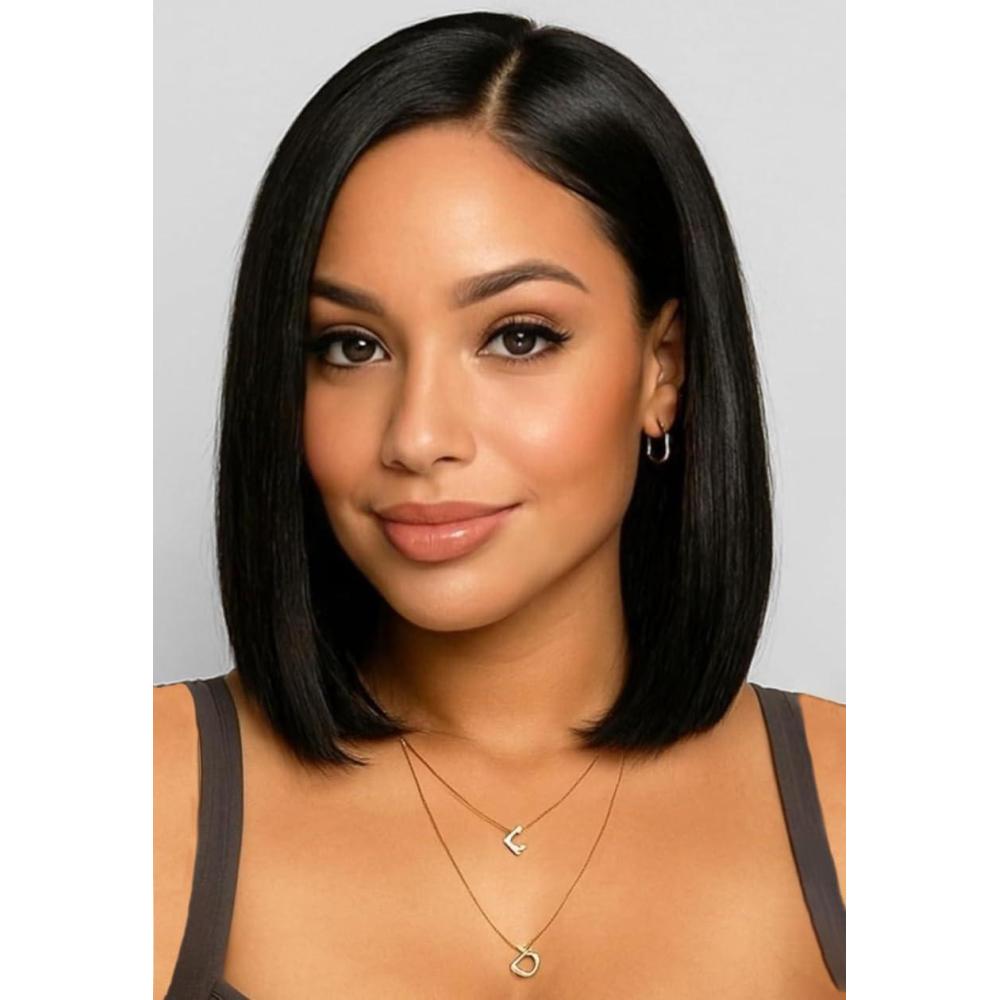 imagePORSMEER Perruque Naturelle Lace Frontal Courte Bob Noir Perruque bresilienne Cheveux 10 Pouces pour les femmes noires Lace Wignoir