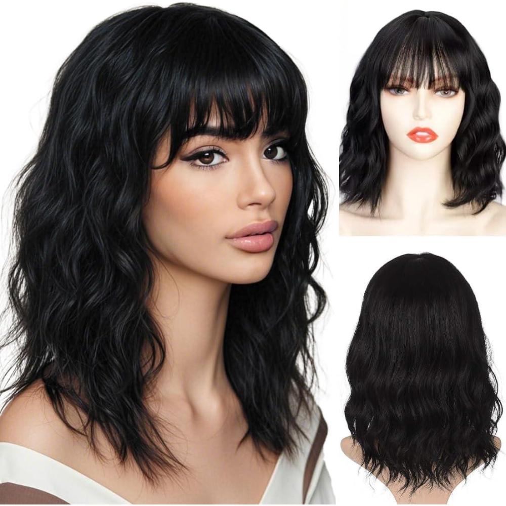 imagePerruque Courte Bob avec Frange pour Femme Longueur dpaule Perruque Boucls Ondule 15 Pouces Cheveux Synthtiques Naturels Rsistantes la Chaleur Quotidien Cosplay NoirNoir