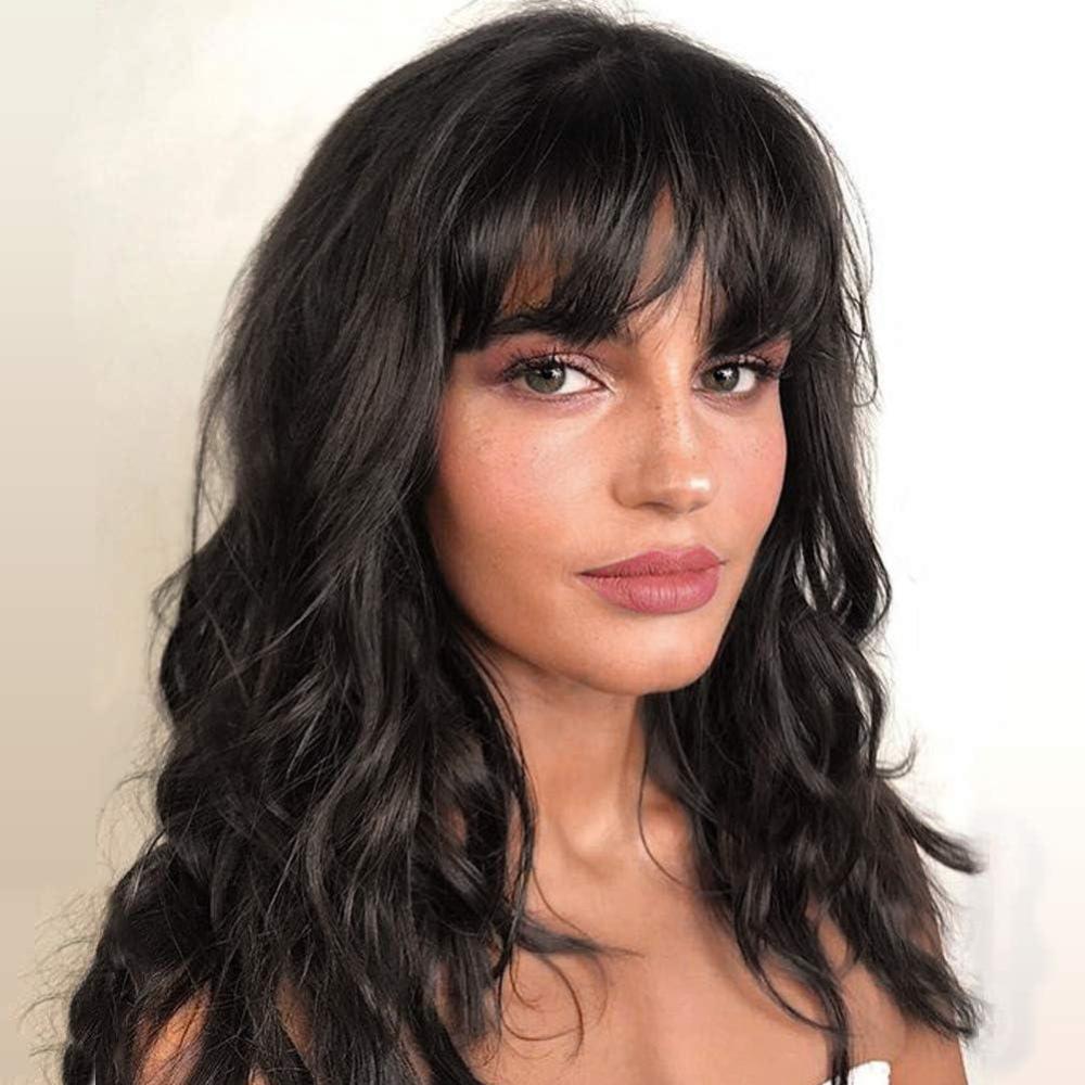 imageWIGNEE Perruques Natural Wave avec frange 100 cheveux naturels brsiliens Perruques Fashion Wave Noir naturel 35 cmNoir