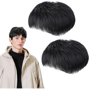 2 Pièces Perruque Homme Naturel Noir Courte Perruque pour Homme Postiche Naturelle Moelleuse Perruques pour Hommes Costume de fête quotidian(Noir)