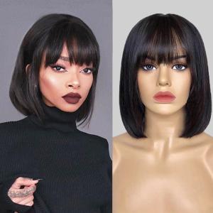 12 Pouces Perruque Bob avec Frange pour Femme Perruque Cheveux Humain Naturelle Brésilien Perruque Courte Bob Wig With Bangs(Noir)(12 Pouces)