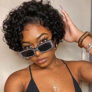 13×1 Lace Front Wig Short Culry Human Hair Perruque Femme Naturelle Brésilien Bouclée Courte Perruque Cheveux Humains Hair 150% Densité (Noires)