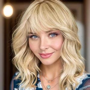 14 Pouces perruque femme courte bob perruques avec naturel frange, peruque afro brésilienne de cheveux bouclés ondulés de couleur naturelle noir avec marron(Blonde)
