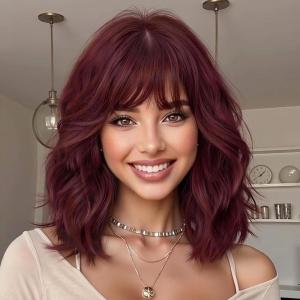 14 Pouces perruque femme courte bob perruques avec naturel frange, peruque afro brésilienne de cheveux bouclés ondulés de couleur naturelle noir avec marron(Vin rouge)