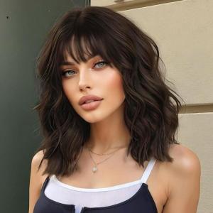 14 Pouces perruque femme courte bob perruques avec naturel frange, peruque afro brésilienne de cheveux bouclés ondulés de couleur naturelle noir avec marron(Brun foncé)