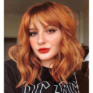 14 Pouces perruque femme courte bob perruques avec naturel frange, peruque afro brésilienne de cheveux bouclés ondulés de couleur naturelle noir avec marron(Orange)