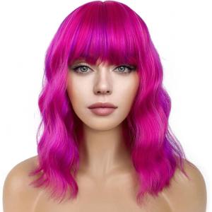14 Pouces perruque femme courte bob perruques avec naturel frange, peruque afro brésilienne de cheveux bouclés ondulés de couleur naturelle noir avec marron(framboise)