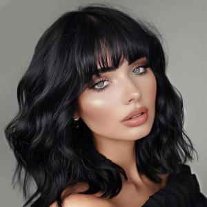 14 Pouces perruque femme courte bob perruques avec naturel frange, peruque afro brésilienne de cheveux bouclés ondulés de couleur naturelle noir avec marron(Noire)