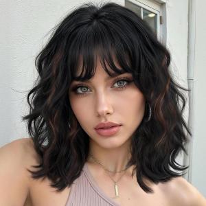 14 Pouces perruque femme courte bob perruques avec naturel frange, peruque afro brésilienne de cheveux bouclés ondulés de couleur naturelle noir avec marron(Noir avec marron)