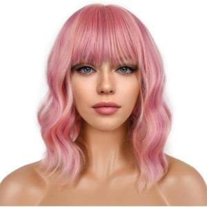 14 Pouces perruque femme courte bob perruques avec naturel frange, peruque afro brésilienne de cheveux bouclés ondulés de couleur naturelle noir avec marron(Mélange de pêche rose)