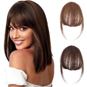 2 Pcs Frange a Clip Cheveux Naturel, extension cheveux naturel clip, fausse frange, Clip en French Bangs, Mini Frange de Cheveux Mode pour Femme à Porter au Quotidien(Brun clair et brun foncé)