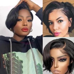 13×4 Lace Front Wig Perruques Courtes Raides Perruque Femme Bresilienne Naturelle Perruque Cheveux Humains Hair Pré Pincées 150% Densité 6pouces Noires(Noires)