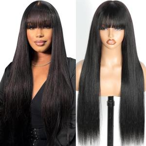 18 Pouces Perruque Femme Naturelle Straight Glueless 2×4 Lace Wig With Bangs Perruque Sans Colle Frange Cheveux Humain Femme Brésilien for Women Couleur Naturelle(Black)