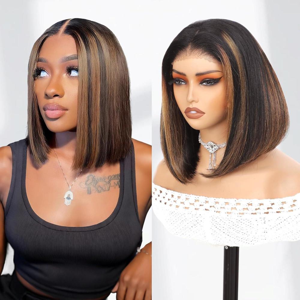 imagePerruque Femme Naturelle Brsilien Pre Cut Lace Wear And Go Glueless Wig Human Hair Perruque Cheveux Humain Sans Colle 180 Densit 4x4 Straight Bob Lace Wig Human Hair For Black Women 12 Pouces1B30 Color