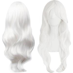 28 Pouce 70cm Blanc Long Bouclées Ondulées Cosplay Perruques pour Femmes et Filles, Synthétique Naturel Bouclé Cheveux perruque, pour les Costume Halloween et Cosplay(Blanc)