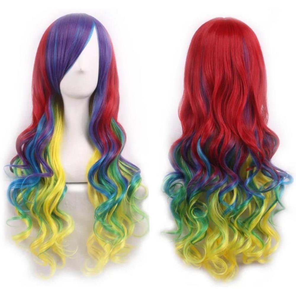 imageIMISSU 26 longue perruque de cosplay de cheveux naturels boucls avec une frange colore Perruques de fte dHalloween pour femmes Noir rougeJaune Vert Rouge