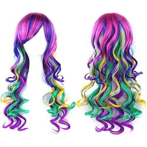 imageIMISSU 26 longue perruque de cosplay de cheveux naturels boucls avec une frange colore Perruques de fte dHalloween pour femmes Noir rougeRose Jaune Violet