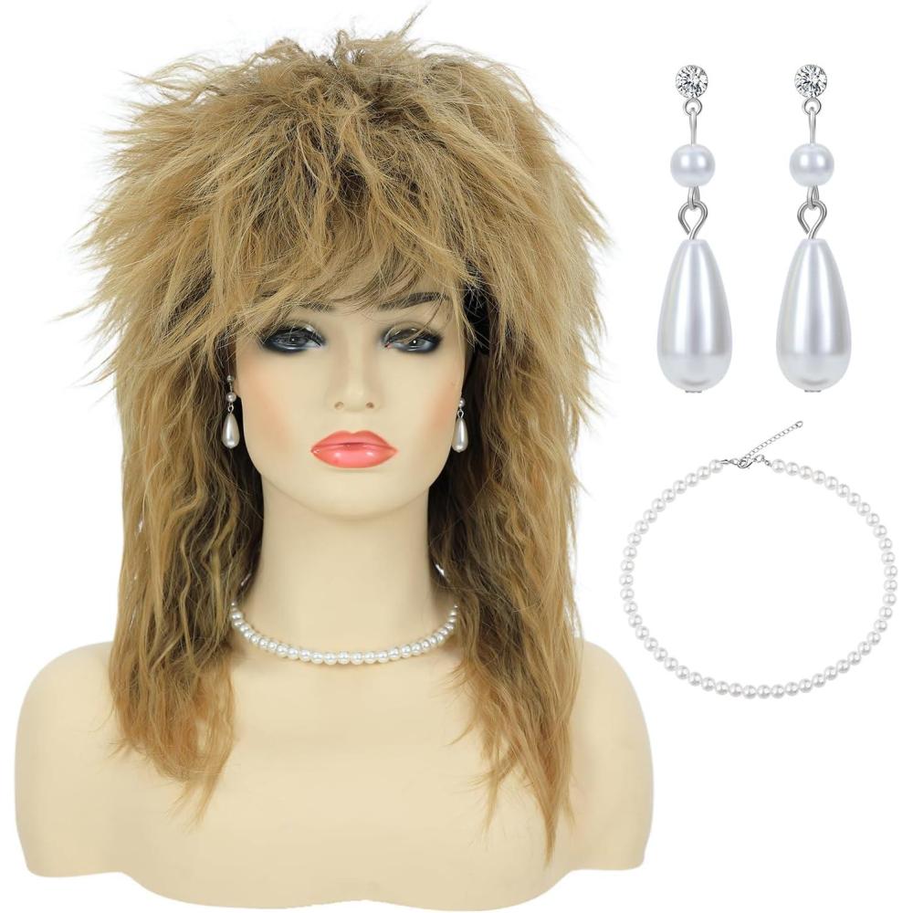 imageTina Rock Diva Perruque Glamour Punk Rock Star Cosplay Perruque pour Fte dHalloween  Cheveux Blond 70 et 80blonde