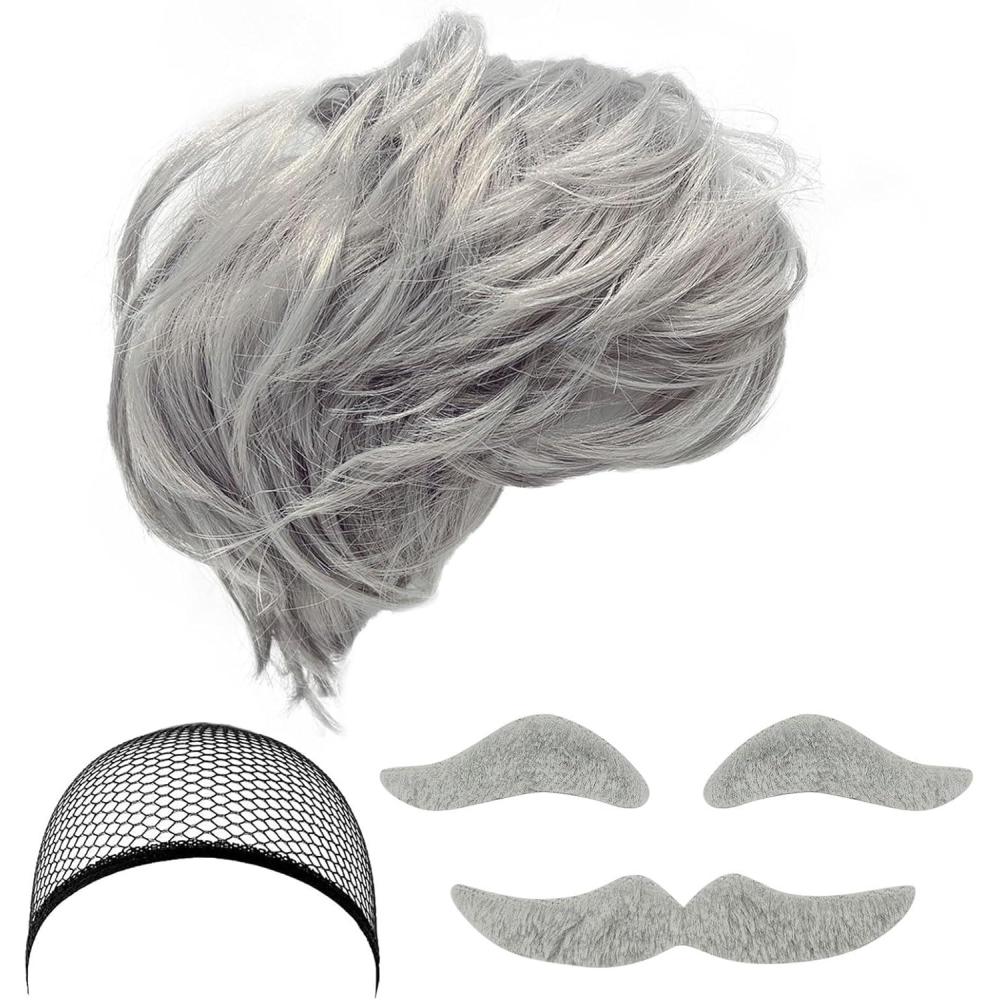 image:image6 Pcs Perruque Grand Pre Set Perruque Grise Perruque Homme Fausse Moustache Sourcils Bonnet de Perruque Costume de Vieil Homme pour Halloween Nol Cosplay FteGris
