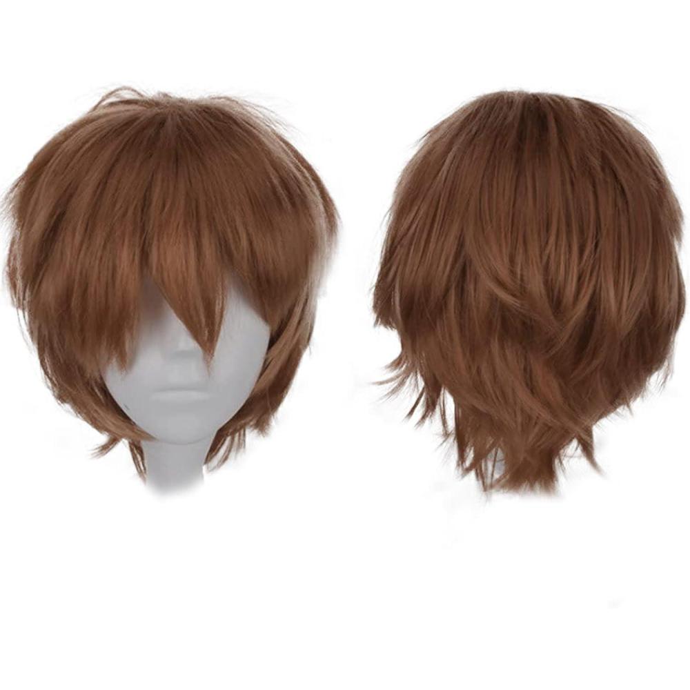 image:imagePerruque Cosplay courte bleue unisexe Cosplay Anime Wig Lisse Perruque synthtique avec frange pour Halloween Carnaval Costume de fte  thmeMarron Clair
