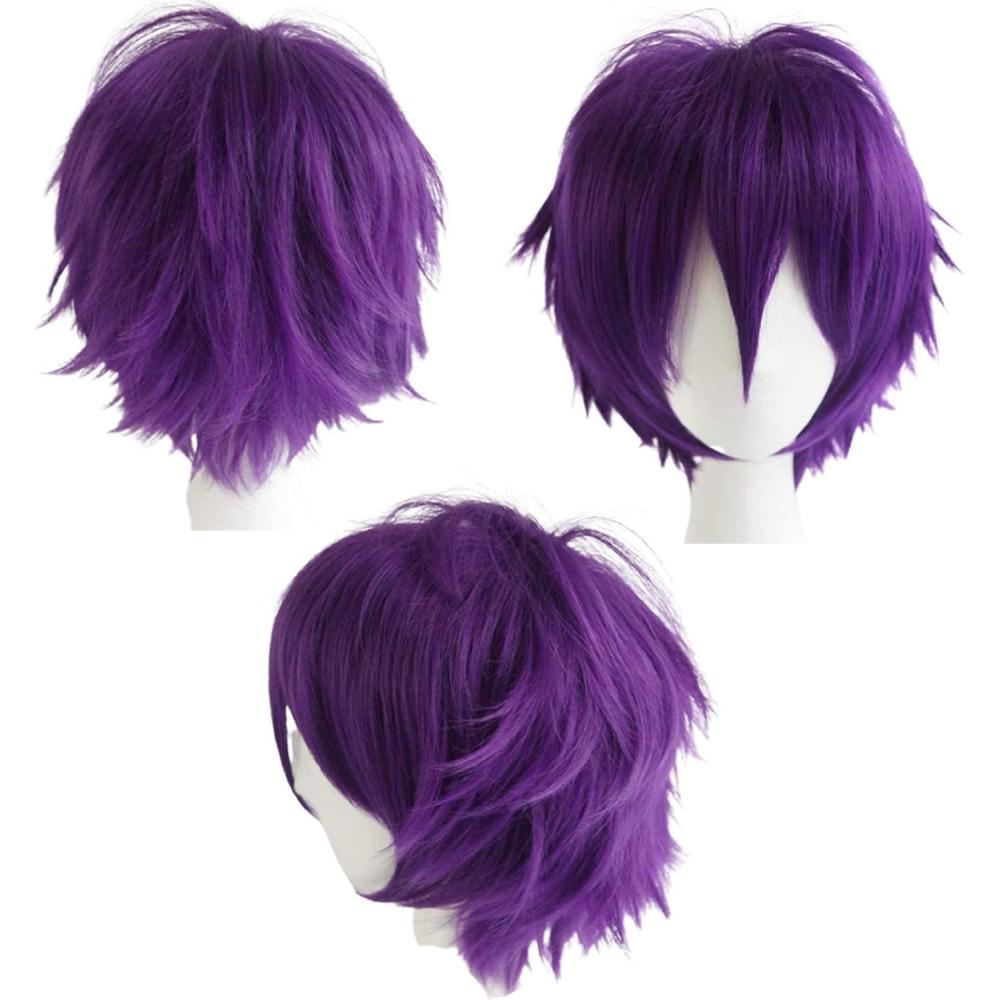 image:imagePerruque Cosplay courte bleue unisexe Cosplay Anime Wig Lisse Perruque synthtique avec frange pour Halloween Carnaval Costume de fte thmeViolette