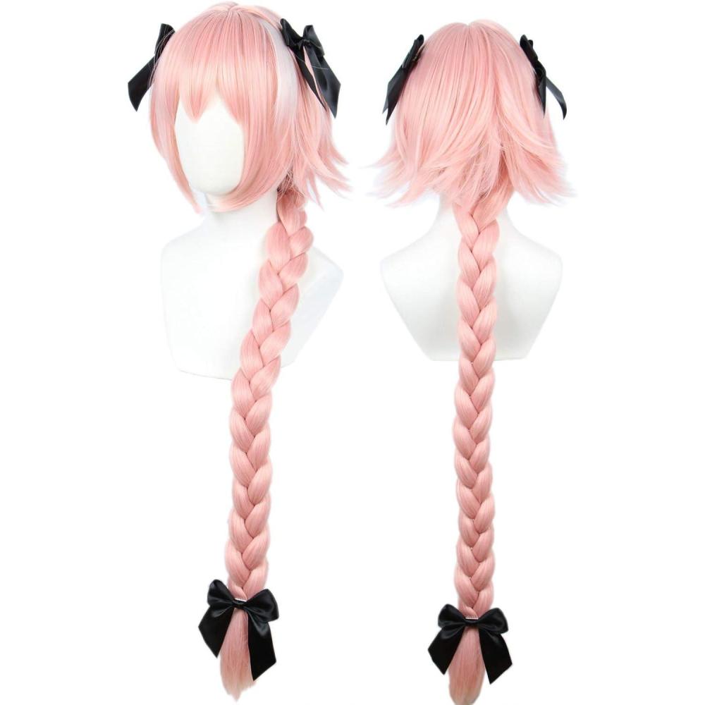 image:imageLinfairy Longue Rose Cosplay Perruque Avec 3 Bowknot Halloween Costume Perruque Pour Femmes Tresse Cheveux 95cm