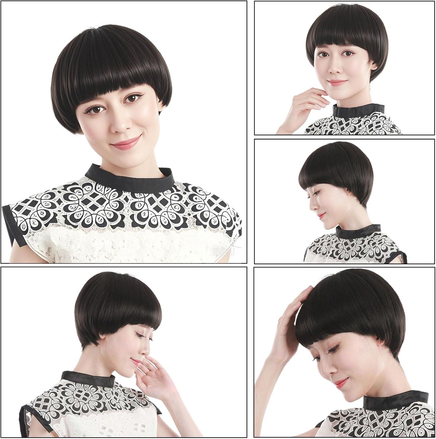 image:imageCourte Perruque pour Homme Femme Noir Perruques Carr pour Adultes Perruque De Cheveux avec Frange Perruques Annee 60 Lisse Halloween Cosplay Costume de Fte Quotidien NoirNoir