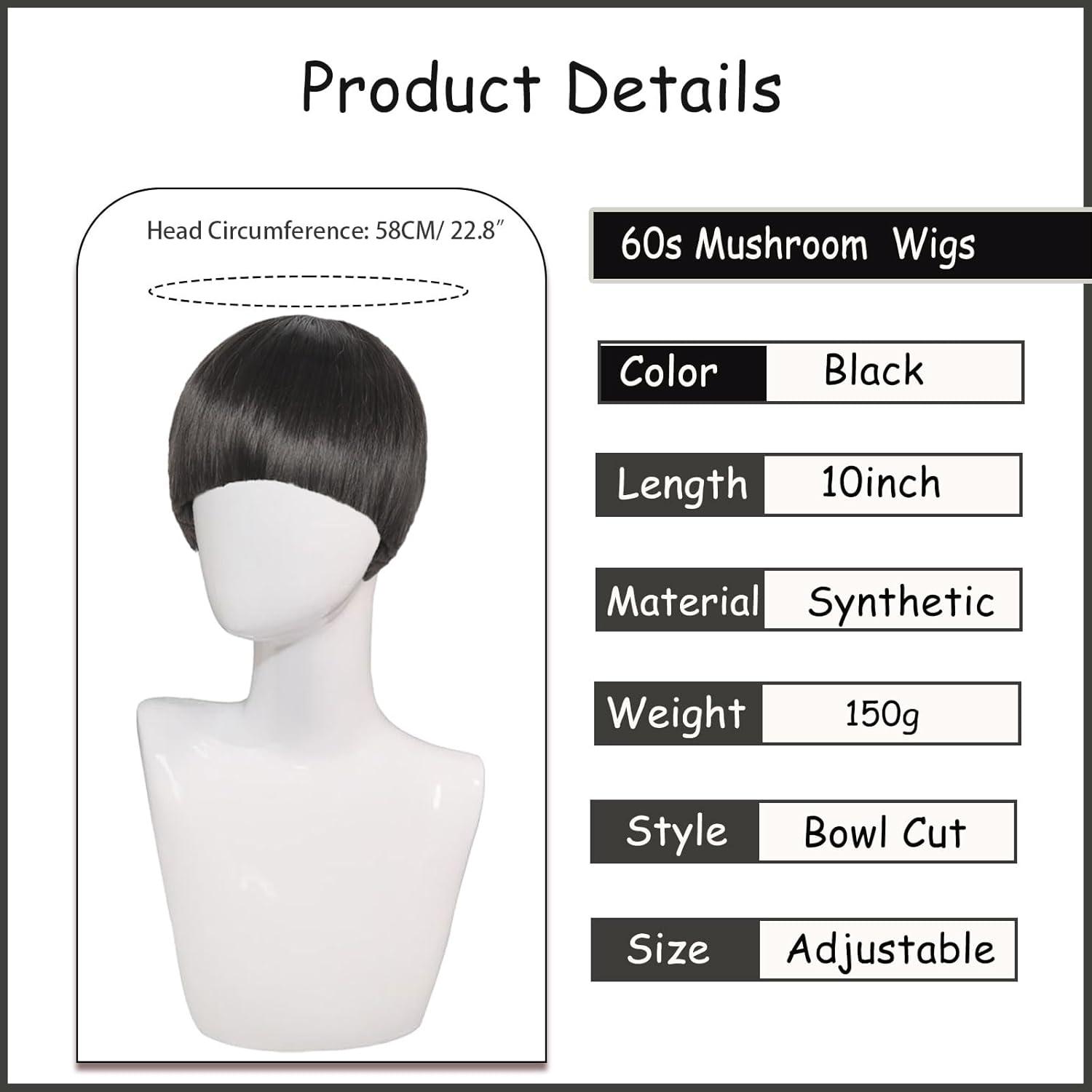 image:imageCourte Perruque pour Homme Femme Noir Perruques Carr pour Adultes Perruque De Cheveux avec Frange Perruques Annee 60 Lisse Halloween Cosplay Costume de Fte Quotidien NoirNoir