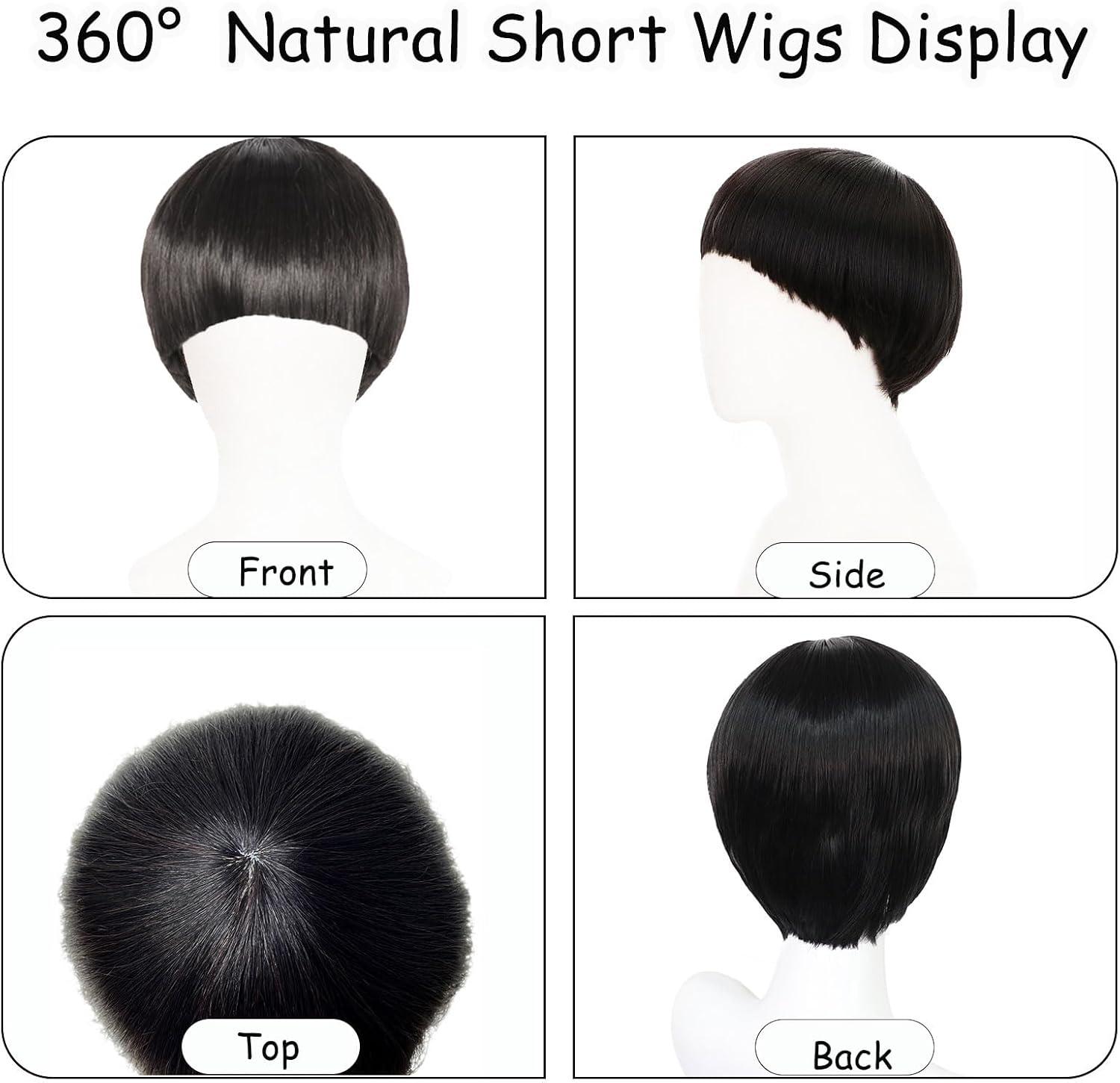 image:imageCourte Perruque pour Homme Femme Noir Perruques Carr pour Adultes Perruque De Cheveux avec Frange Perruques Annee 60 Lisse Halloween Cosplay Costume de Fte Quotidien NoirNoir