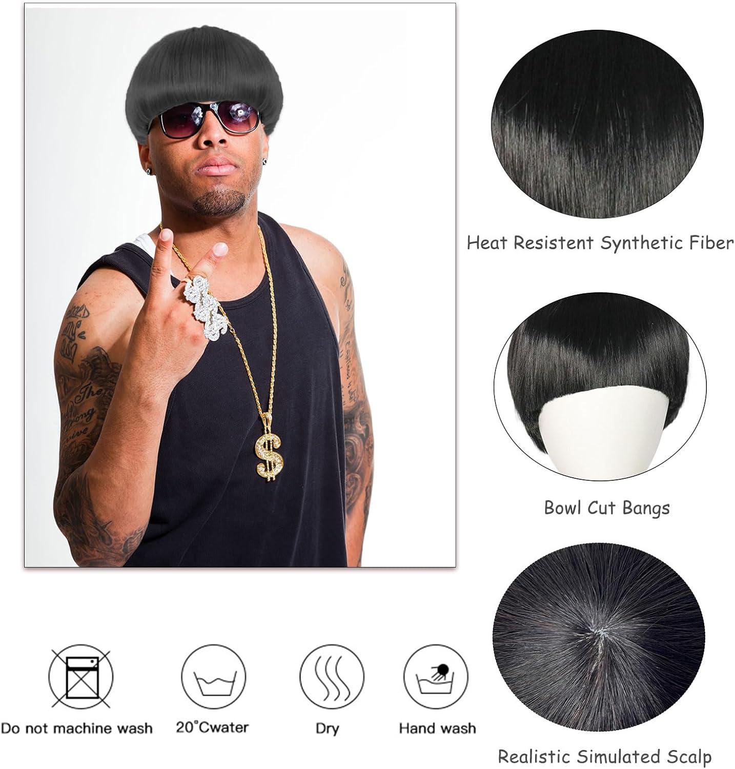 image:imageCourte Perruque pour Homme Femme Noir Perruques Carr pour Adultes Perruque De Cheveux avec Frange Perruques Annee 60 Lisse Halloween Cosplay Costume de Fte Quotidien NoirNoir