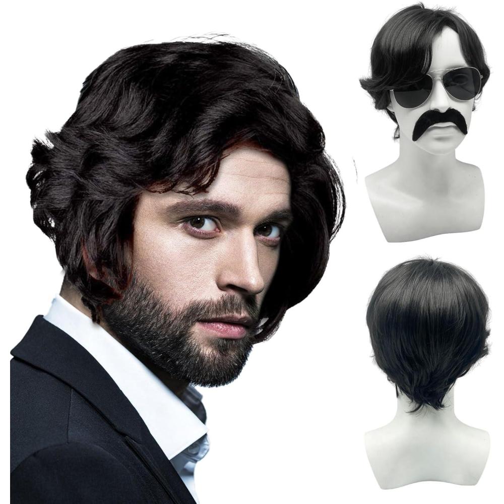 image:image3 Pices Perruque Hommes Noir Moustache Lunettes de Soleil Carnaval Halloween Boucles Perruque Rock Afro Deguisement Hippie Homme Perruque pour 60s 70s 80s Homme Costume Disco Cosplay NoirNoir