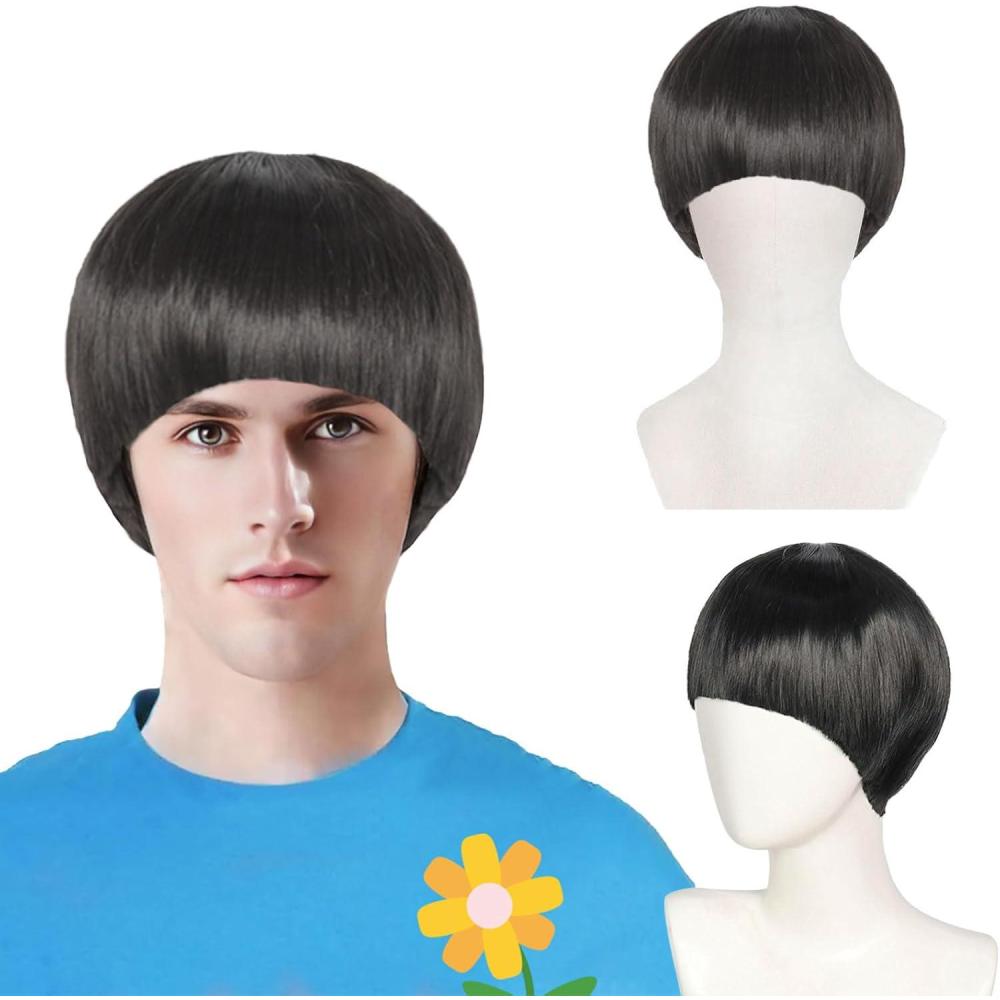 image:imageCourte Perruque pour Homme Femme Noir Perruques Carr pour Adultes Perruque De Cheveux avec Frange Perruques Annee 60 Lisse Halloween Cosplay Costume de Fte Quotidien NoirNoir