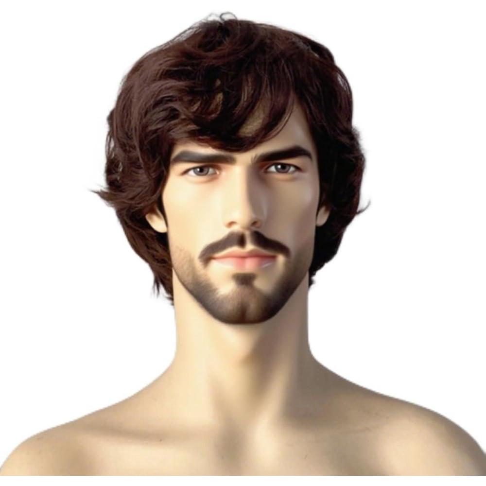 image:imagePerruque Homme Naturel Brune Perruque Homme Synthtiques Cheveux Court Perruque de Cosplay Halloween pour Hommes Carnaval Costume de fte Quotidien Rock Star soire thmeMarron
