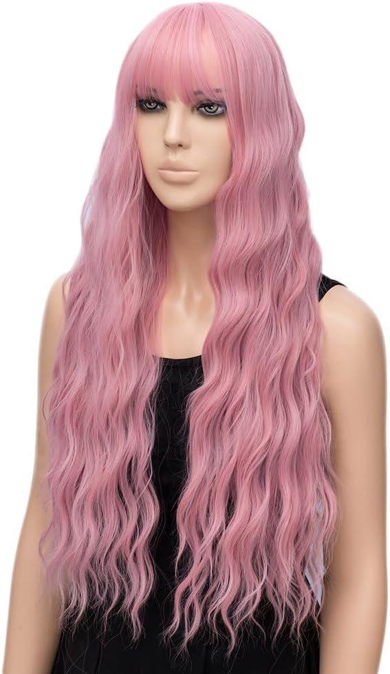 image:imagePerruques longues blond clair pour femme avec frange de cheveux synthtiques boucls onduls daspect naturel pour femme pour le quotidien ou Halloween cosplay 711 cmrose