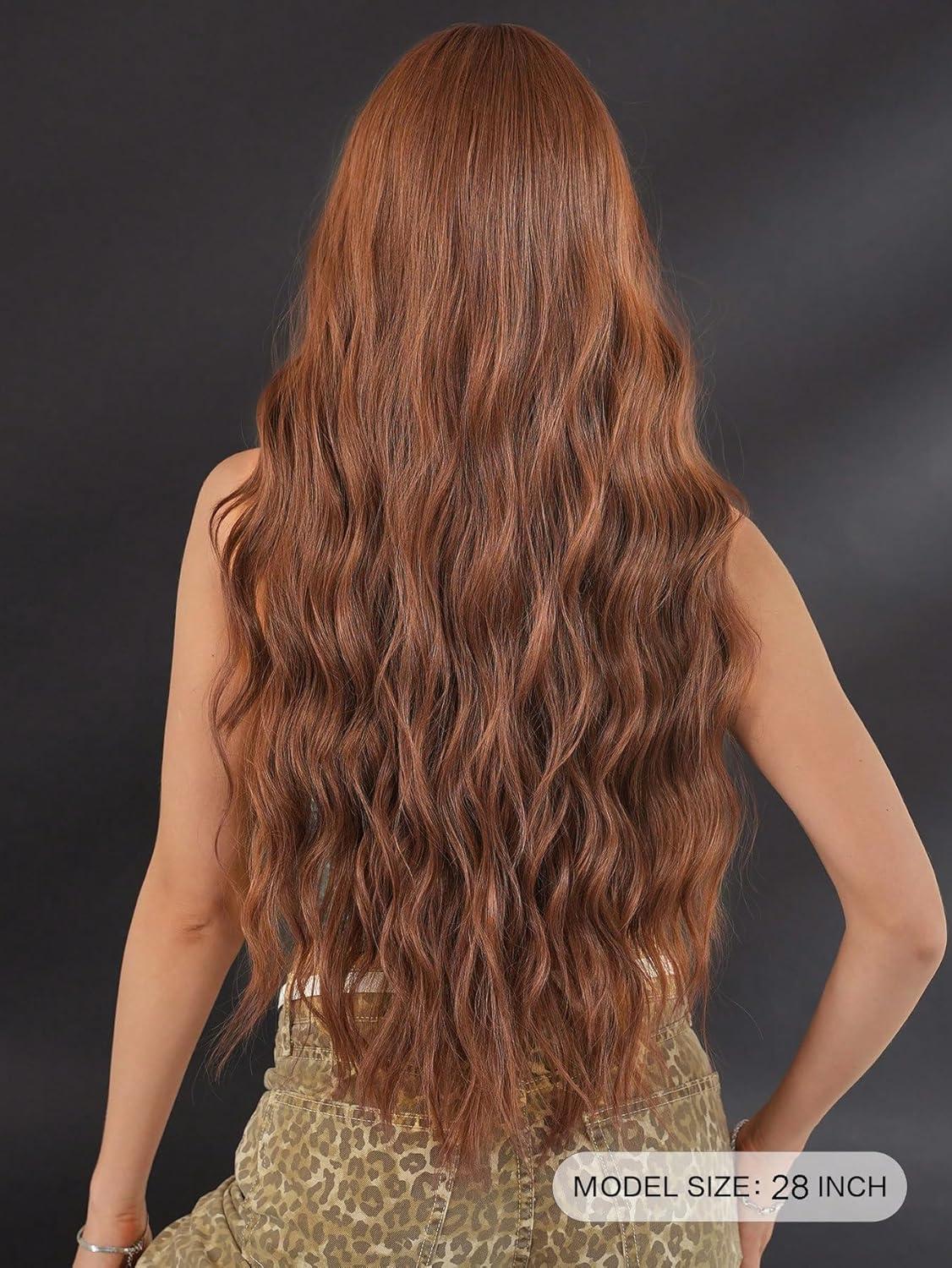 image:imagePerruques longues blond clair pour femme avec frange de cheveux synthtiques boucls onduls daspect naturel pour femme pour le quotidien ou Halloween cosplay 711 cmBrun miel