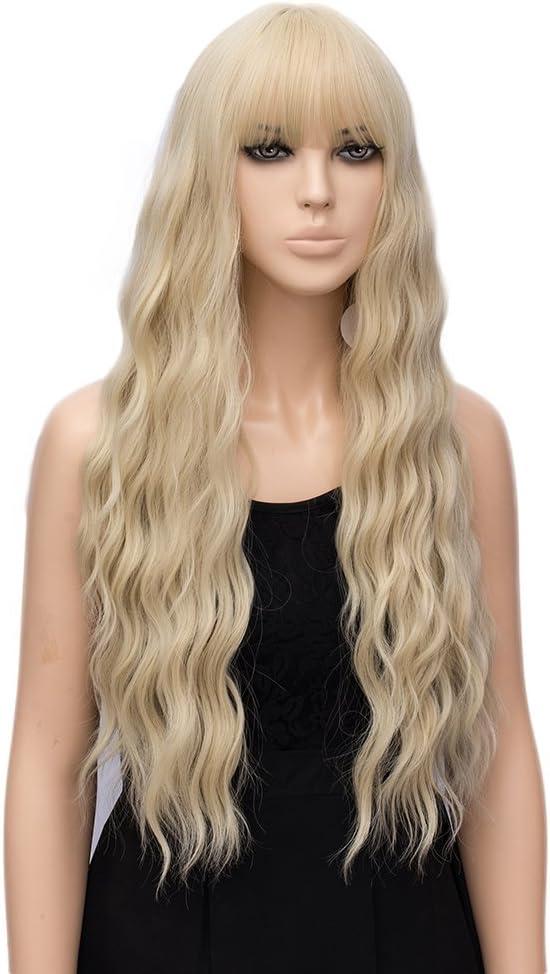 image:imagePerruques longues blond clair pour femme avec frange de cheveux synthtiques boucls onduls daspect naturel pour femme pour le quotidien ou Halloween cosplay 711 cmblonde