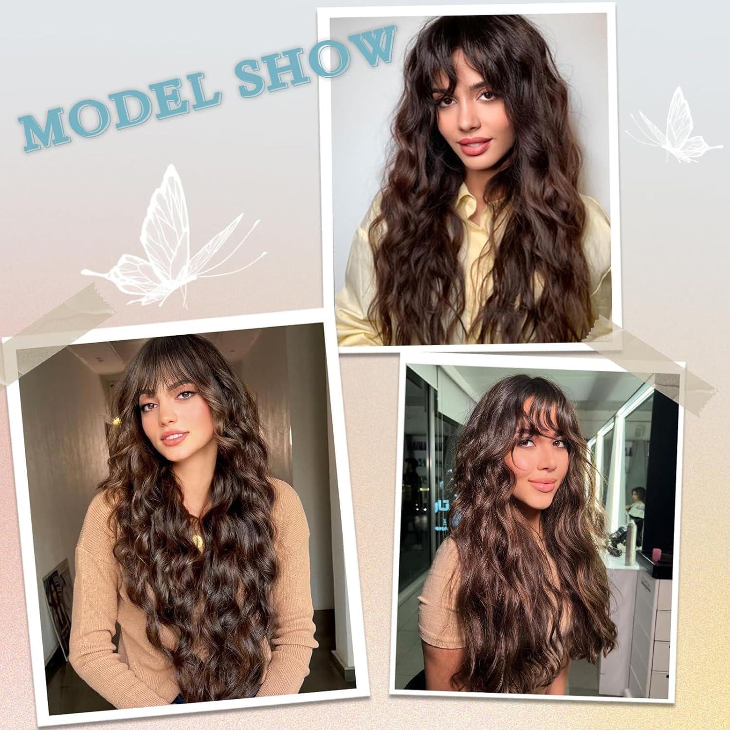 image:imagePerruques longues blond clair pour femme avec frange de cheveux synthtiques boucls onduls daspect naturel pour femme pour le quotidien ou Halloween cosplay 711 cmMarron fonc
