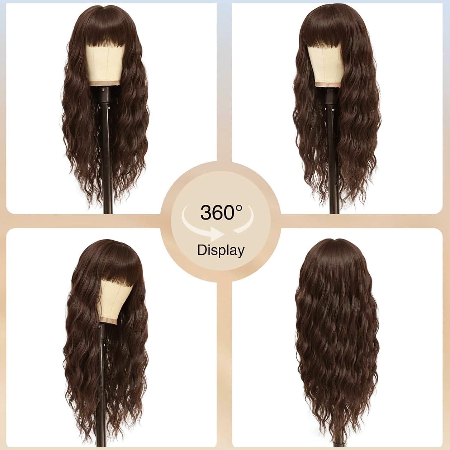 image:imagePerruques longues blond clair pour femme avec frange de cheveux synthtiques boucls onduls daspect naturel pour femme pour le quotidien ou Halloween cosplay 711 cmMarron fonc