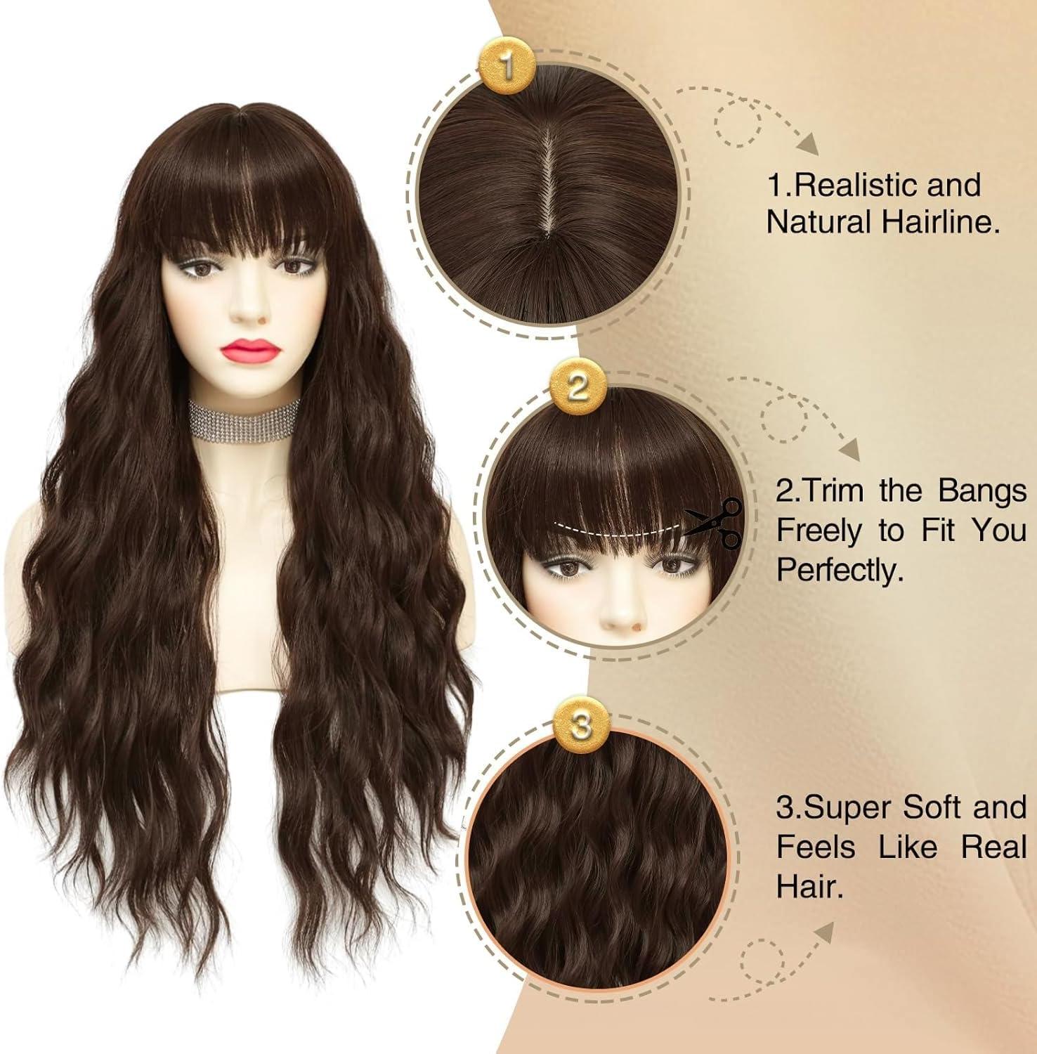 image:imagePerruques longues blond clair pour femme avec frange de cheveux synthtiques boucls onduls daspect naturel pour femme pour le quotidien ou Halloween cosplay 711 cmMarron fonc