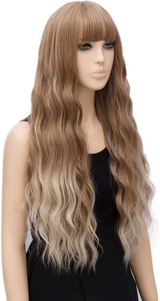 image:imagePerruques longues blond clair pour femme avec frange de cheveux synthtiques boucls onduls daspect naturel pour femme pour le quotidien ou Halloween cosplay 711 cmOmbre MarronBlond