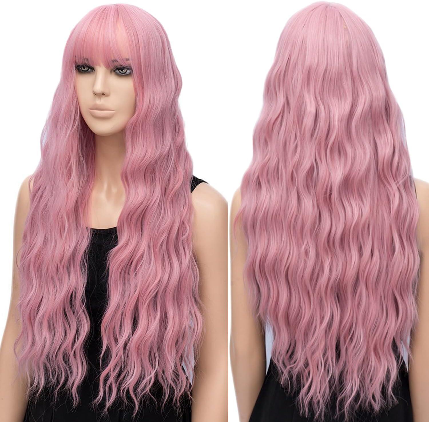image:imagePerruques longues blond clair pour femme avec frange de cheveux synthtiques boucls onduls daspect naturel pour femme pour le quotidien ou Halloween cosplay 711 cmrose