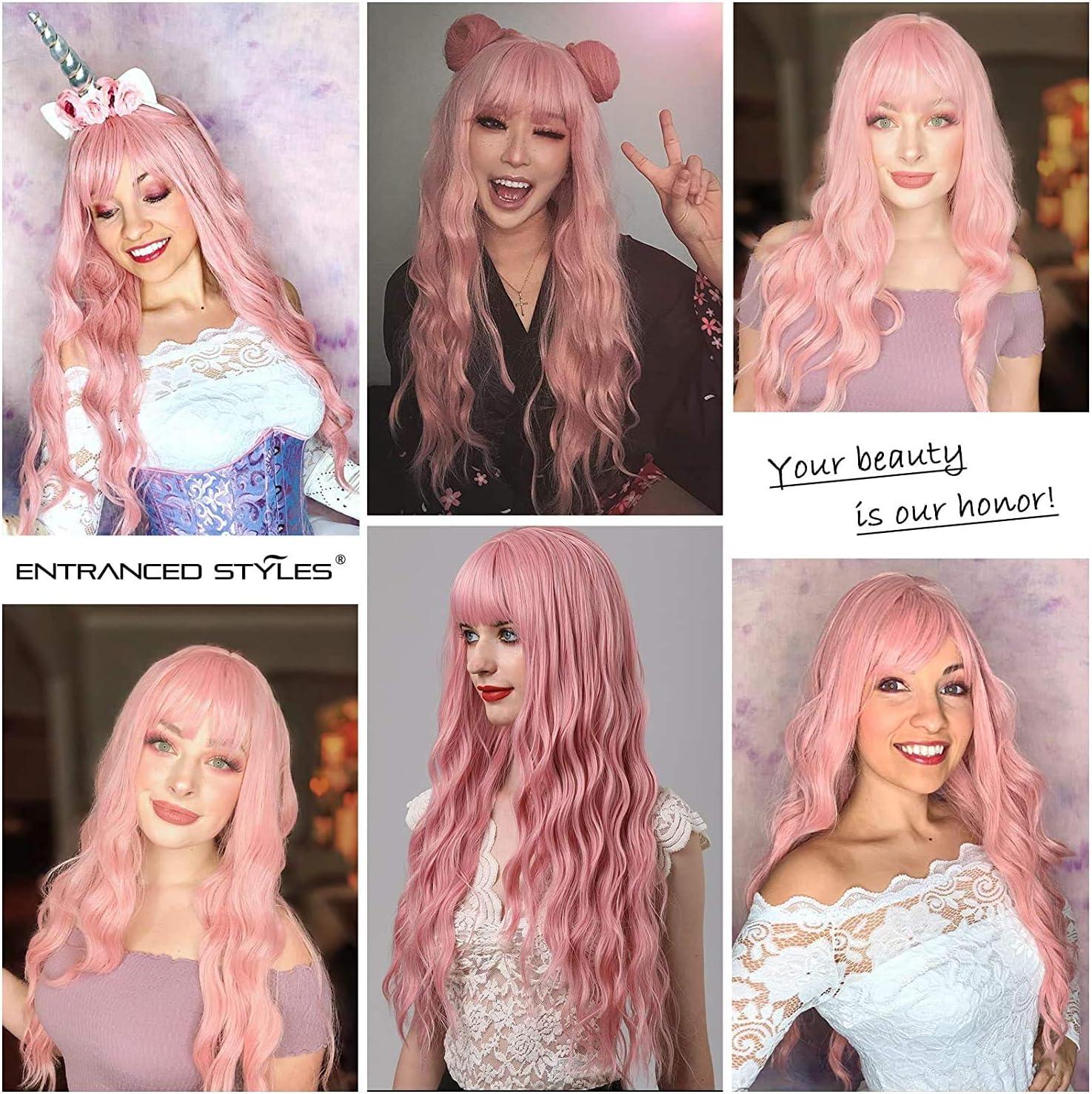 image:imagePerruques longues blond clair pour femme avec frange de cheveux synthtiques boucls onduls daspect naturel pour femme pour le quotidien ou Halloween cosplay 711 cmrose