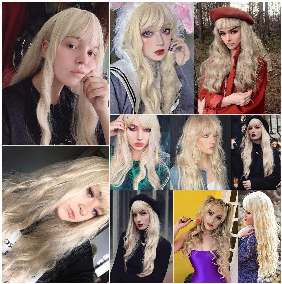 image:imagePerruques longues blond clair pour femme avec frange de cheveux synthtiques boucls onduls daspect naturel pour femme pour le quotidien ou Halloween cosplay 711 cmblonde