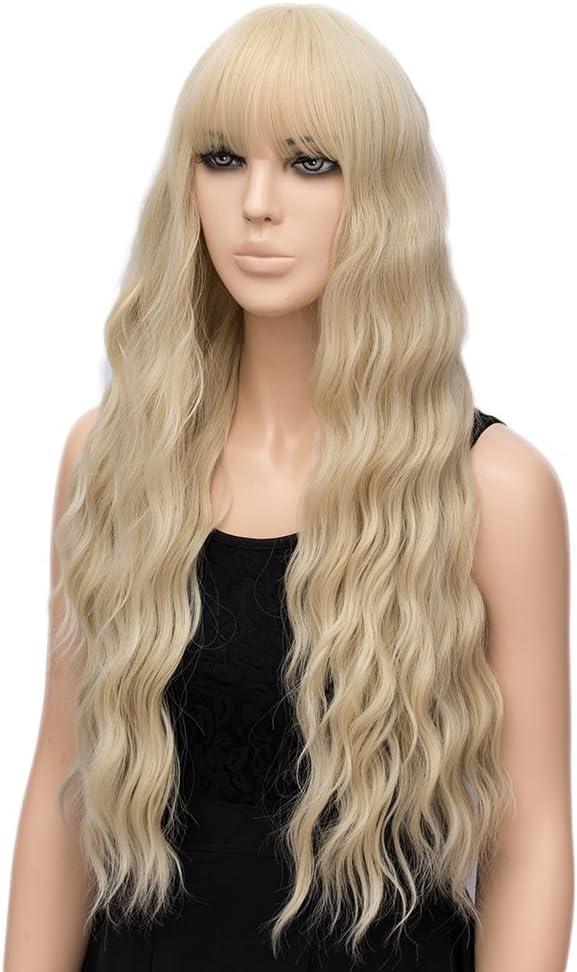 image:imagePerruques longues blond clair pour femme avec frange de cheveux synthtiques boucls onduls daspect naturel pour femme pour le quotidien ou Halloween cosplay 711 cmblonde