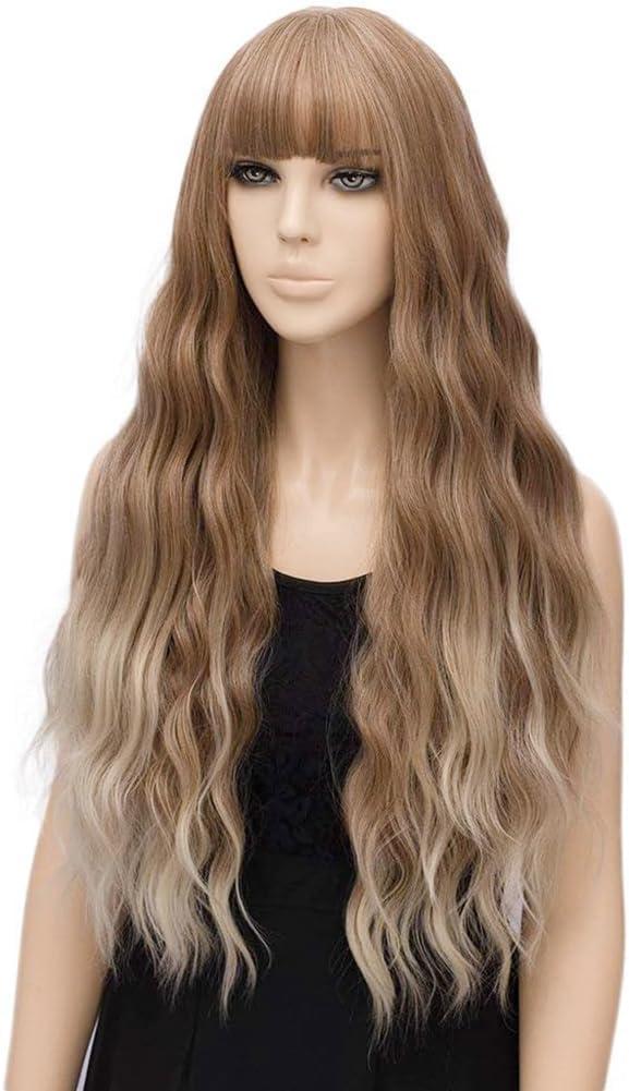 image:imagePerruques longues blond clair pour femme avec frange de cheveux synthtiques boucls onduls daspect naturel pour femme pour le quotidien ou Halloween cosplay 711 cmOmbre MarronBlond